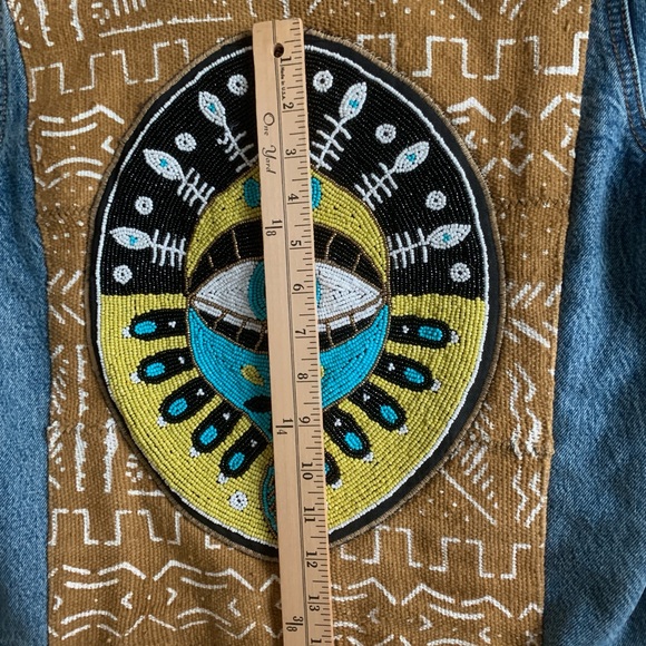 Lucky Brand Tomboy Trucker Denim Jacket Boho Mud Cloth Evil Eye M - Picture 10 of 16